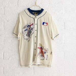 1993 Warner Bros Men’s Looney Tunes Cream Graphic MLB Baseball Shirt Taz & Bugs